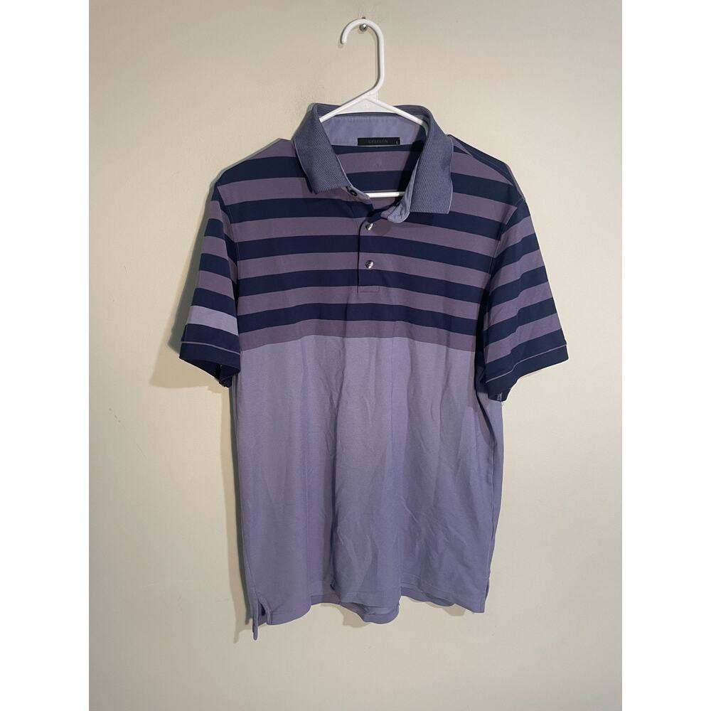 Greyson Performance Mens‎ L 3 Button Purple Striped Golf Polo Shirt Short Sleeve